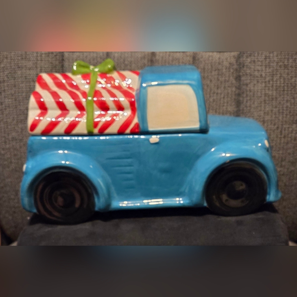 World Market Blue Truck w/Candy Cane Logs Cookie Jar